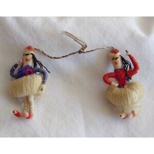 Vtg Yarn String Folk Art Couple Handmade Man Woman Dancer Miniature Doll 1.75"